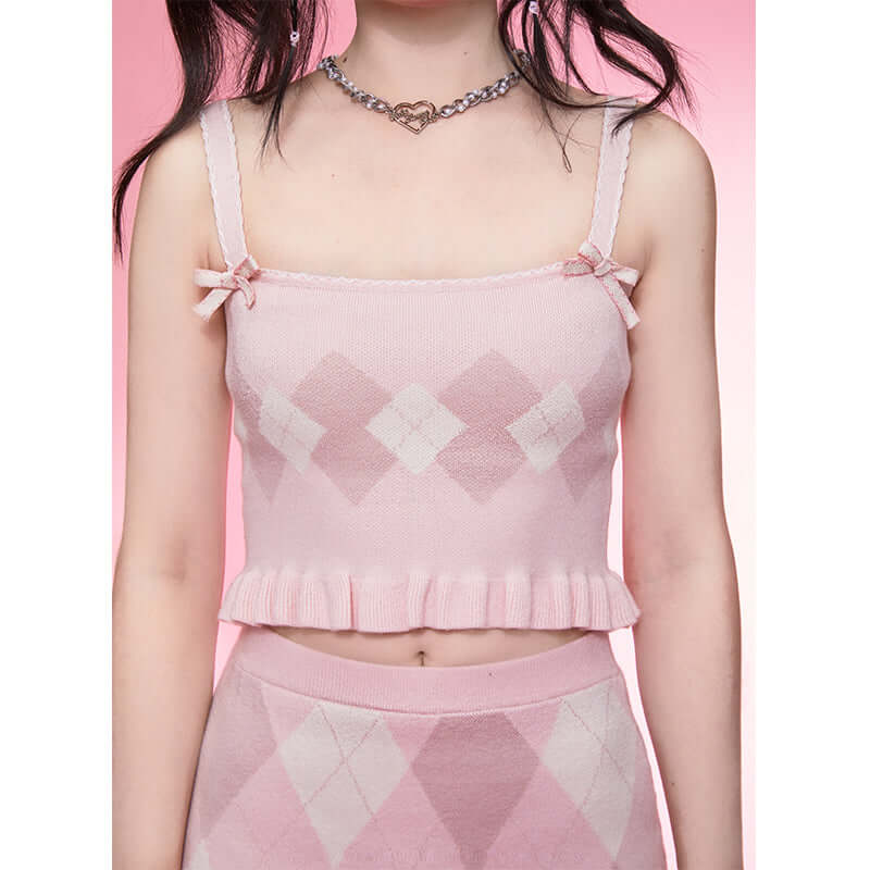 Diamond Vest Spaghetti Straps Knitted Cardigan Coat Three-piece Set- Brand Kiosk Store