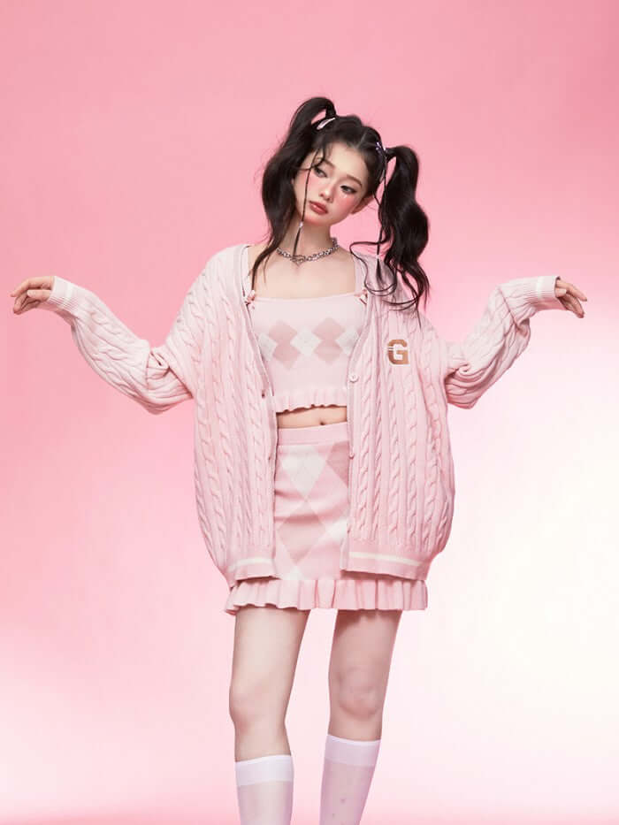 Diamond Vest Spaghetti Straps Knitted Cardigan Coat Three-piece Set- Brand Kiosk Store