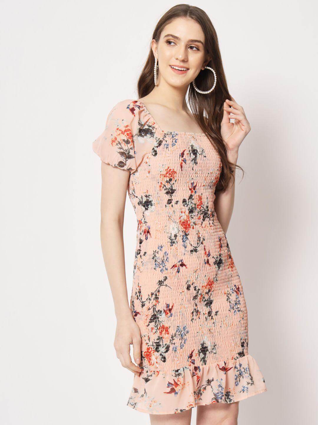TRENDARREST Women's Peach Printed Smocking Dress- Brand Kiosk Store