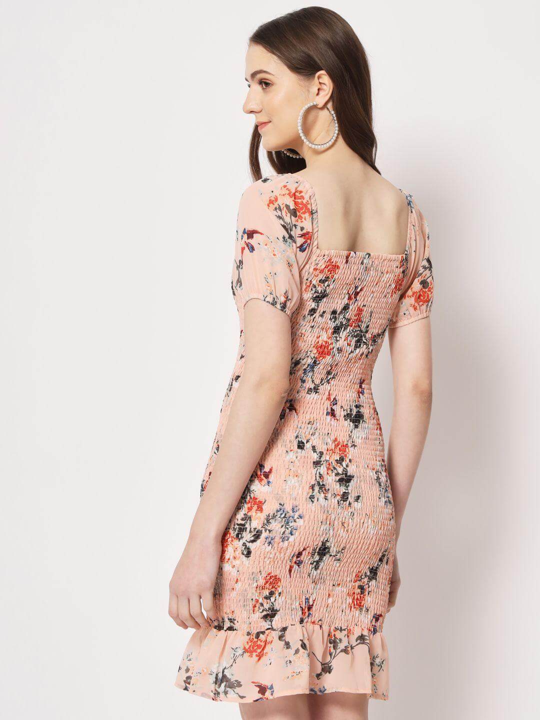 TRENDARREST Women's Peach Printed Smocking Dress- Brand Kiosk Store