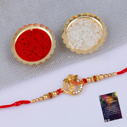 Designer Round Ganesh & OM Rakhi For Bhaiya/Brother/Bhai With Roli Chawal And 1 Greeting Card- Brand Kiosk Store