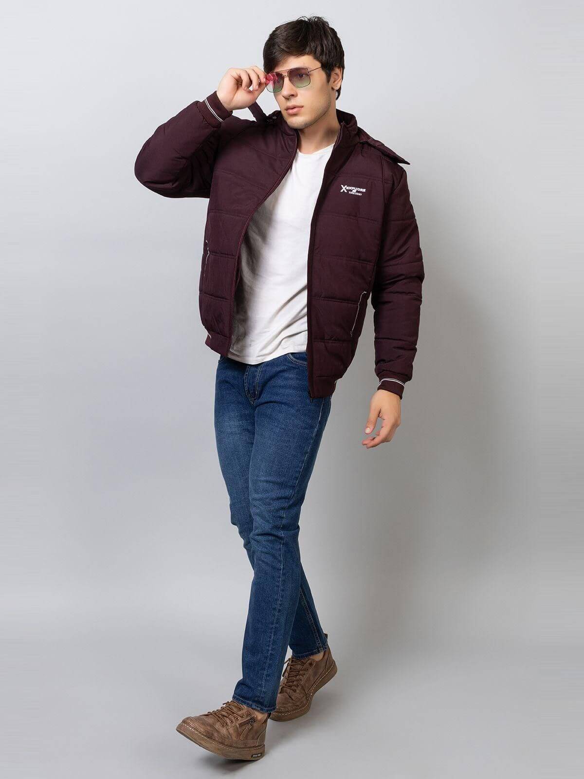 Xohy Men's Full Sleeve Tailored Puffer Wine Hooded Jacket- Brand Kiosk Store