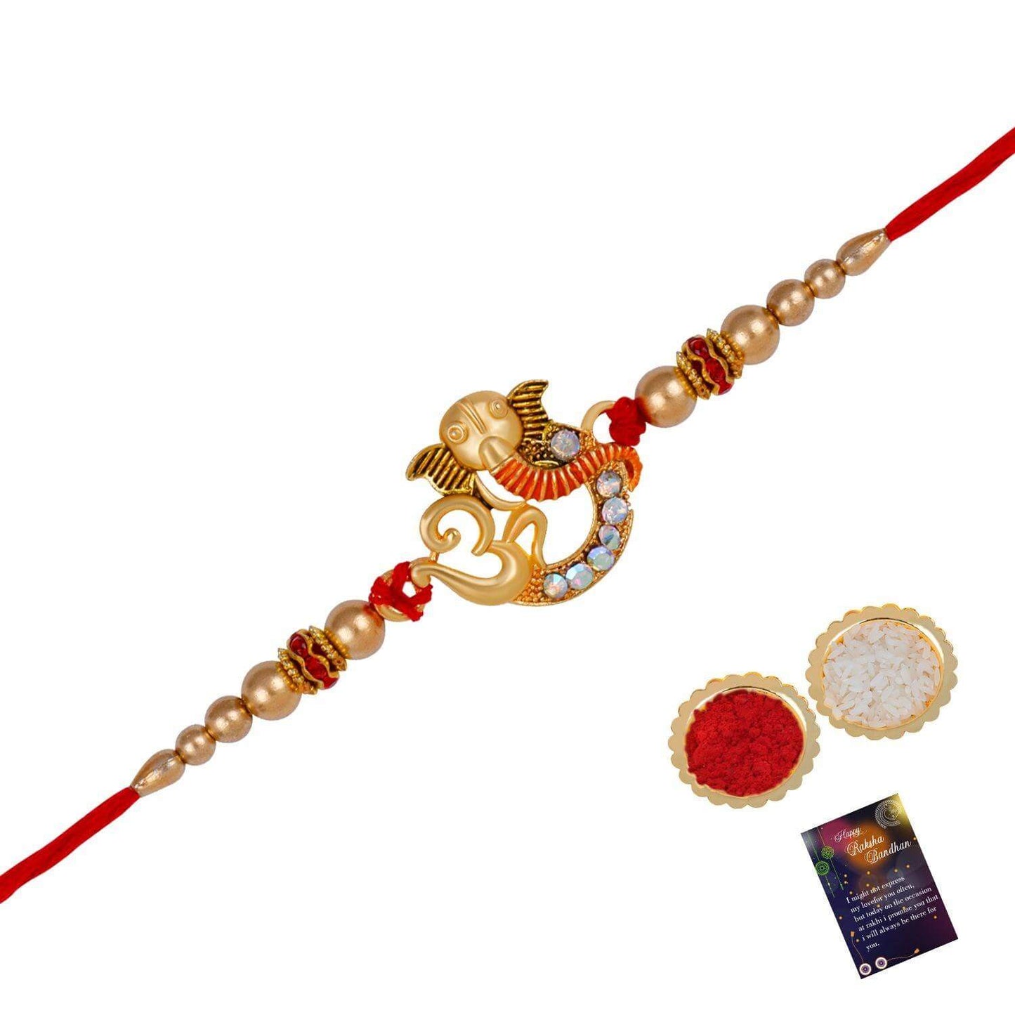 Designer Round Ganesh & OM Rakhi For Bhaiya/Brother/Bhai With Roli Chawal And 1 Greeting Card- Brand Kiosk Store