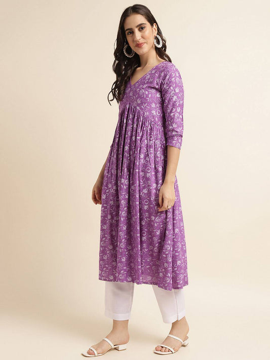 Fabclub Rayon Anarkali Printed Women Kurti (Purple)- Brand Kiosk Store