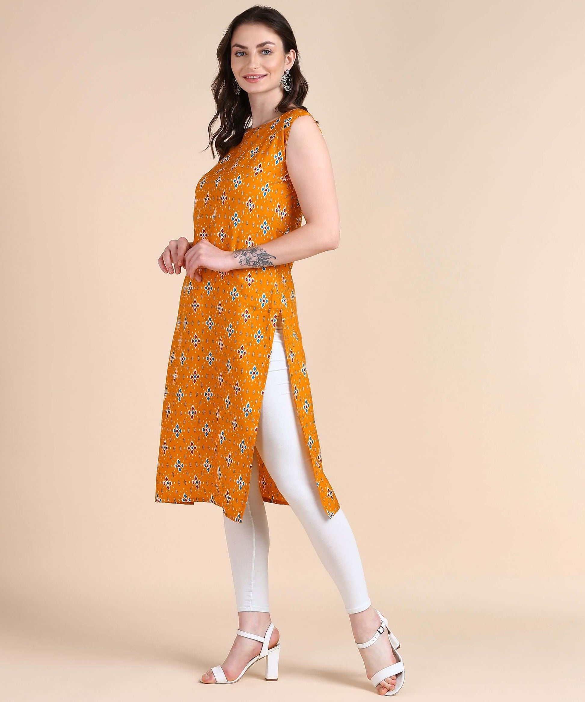 Women's Sleeveless Boat Neck Solid Casual Fancy Long Kurtis- Brand Kiosk Store