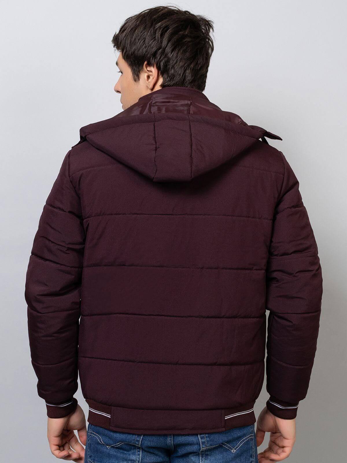 Xohy Men's Full Sleeve Tailored Puffer Wine Hooded Jacket- Brand Kiosk Store