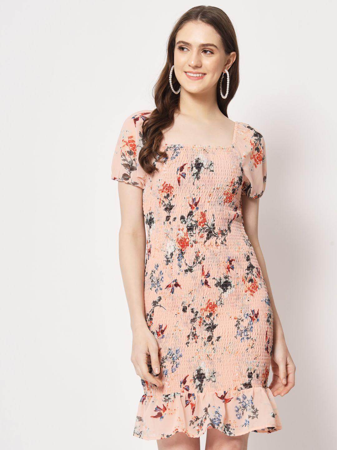 TRENDARREST Women's Peach Printed Smocking Dress- Brand Kiosk Store