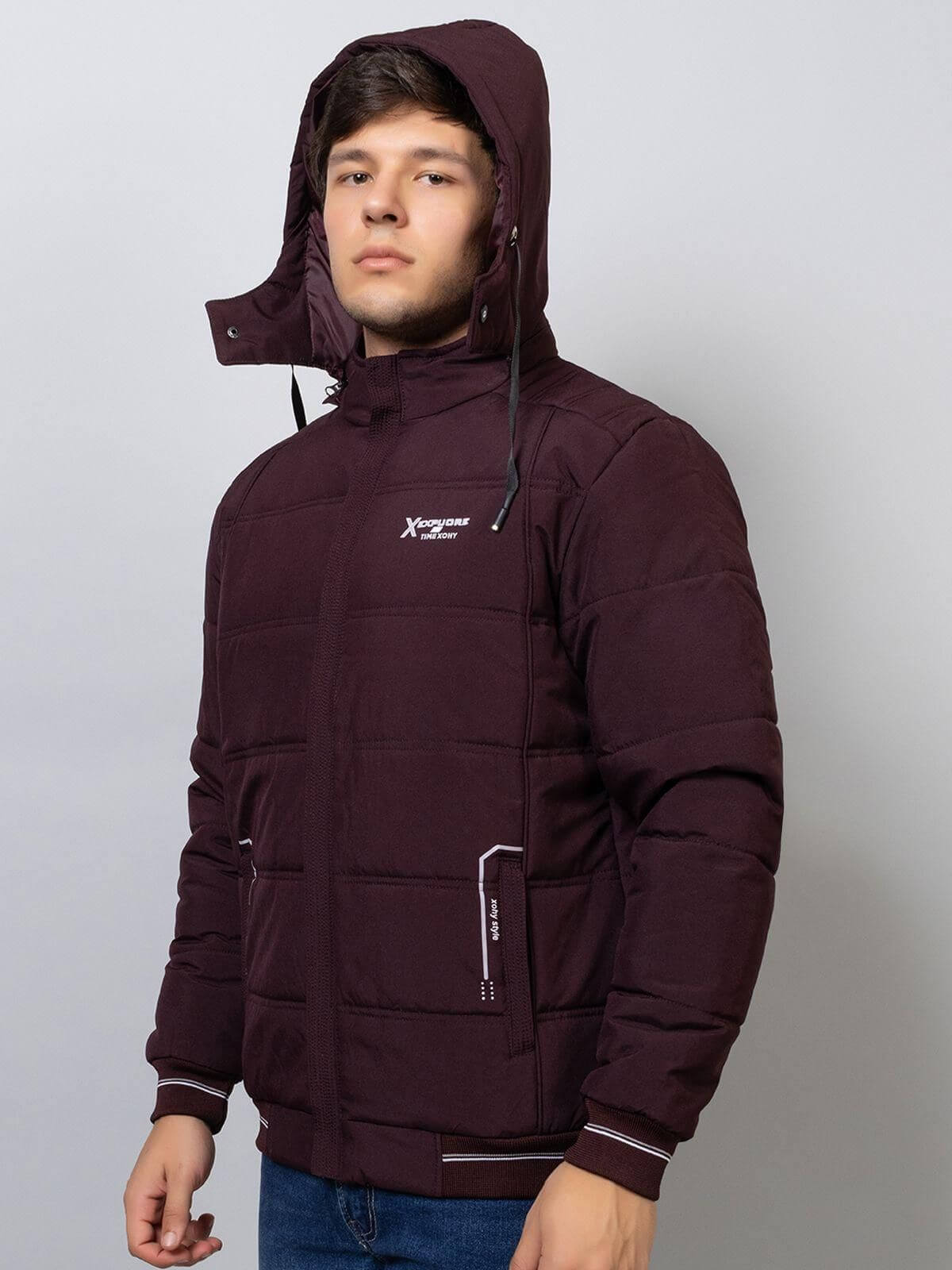 Xohy Men's Full Sleeve Tailored Puffer Wine Hooded Jacket- Brand Kiosk Store