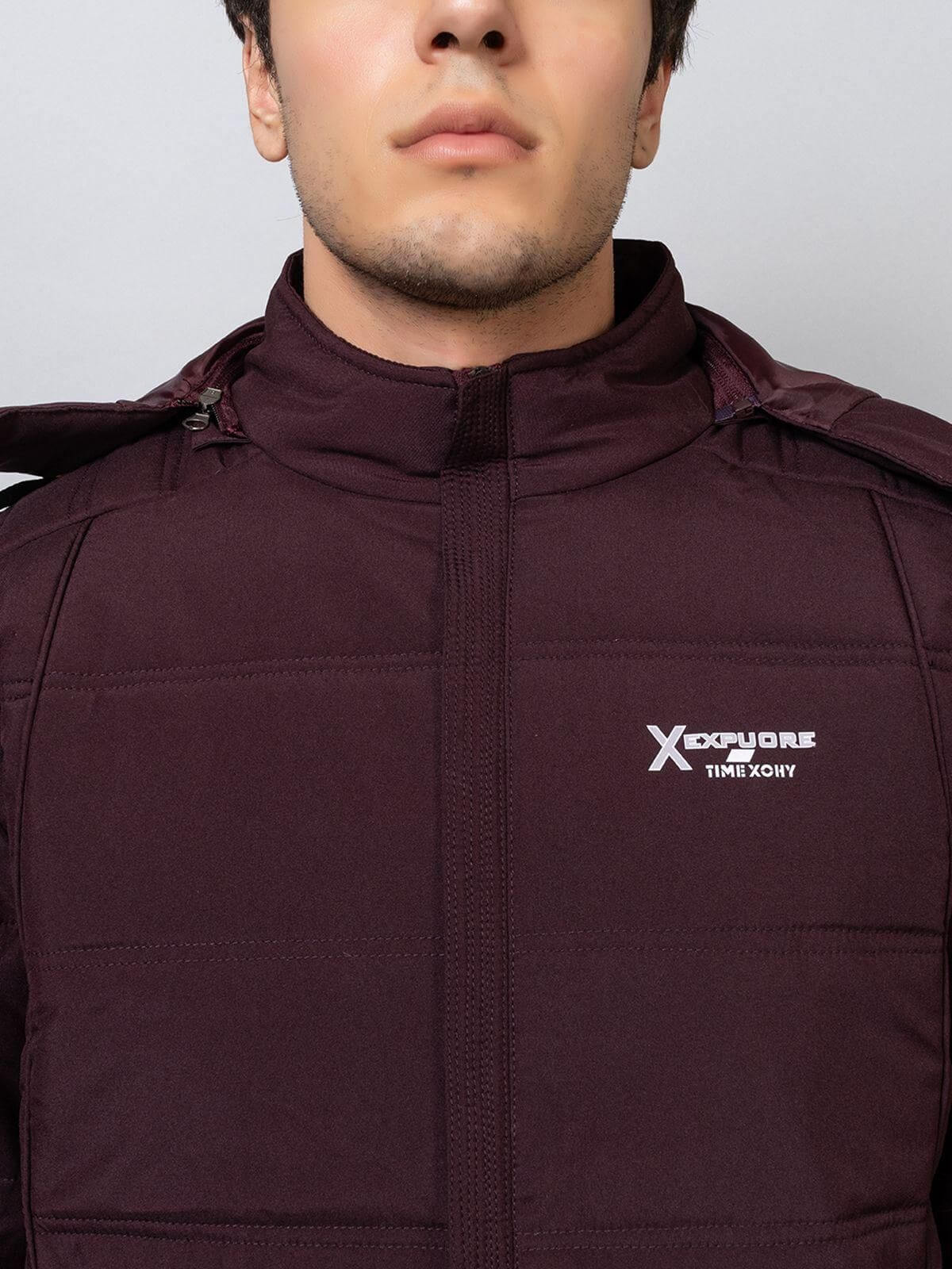 Xohy Men's Full Sleeve Tailored Puffer Wine Hooded Jacket- Brand Kiosk Store