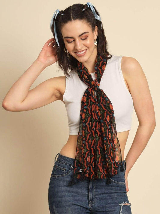TRENDARREST Black Printed Scraf With Tassels- Brand Kiosk Store