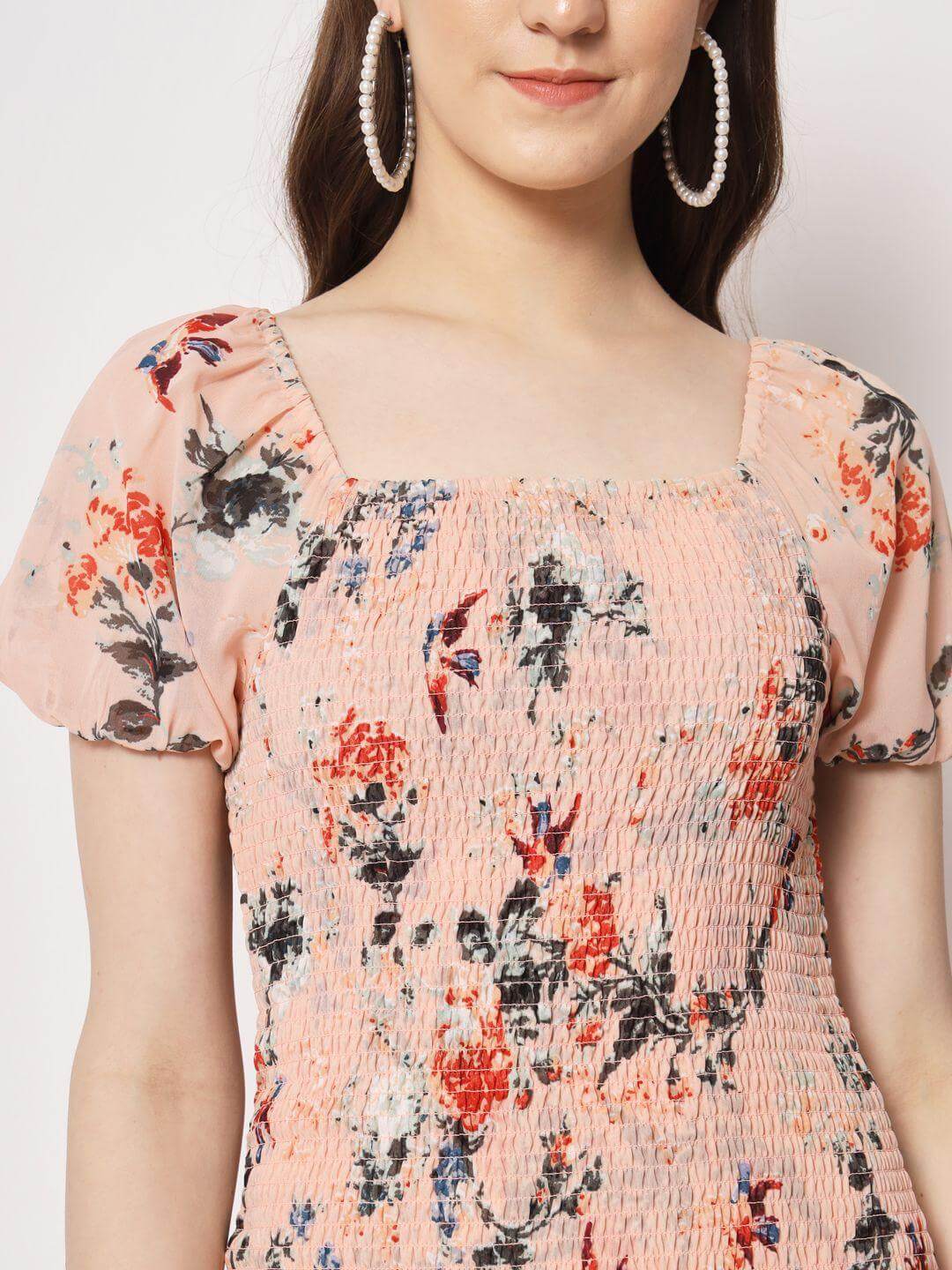 TRENDARREST Women's Peach Printed Smocking Dress- Brand Kiosk Store