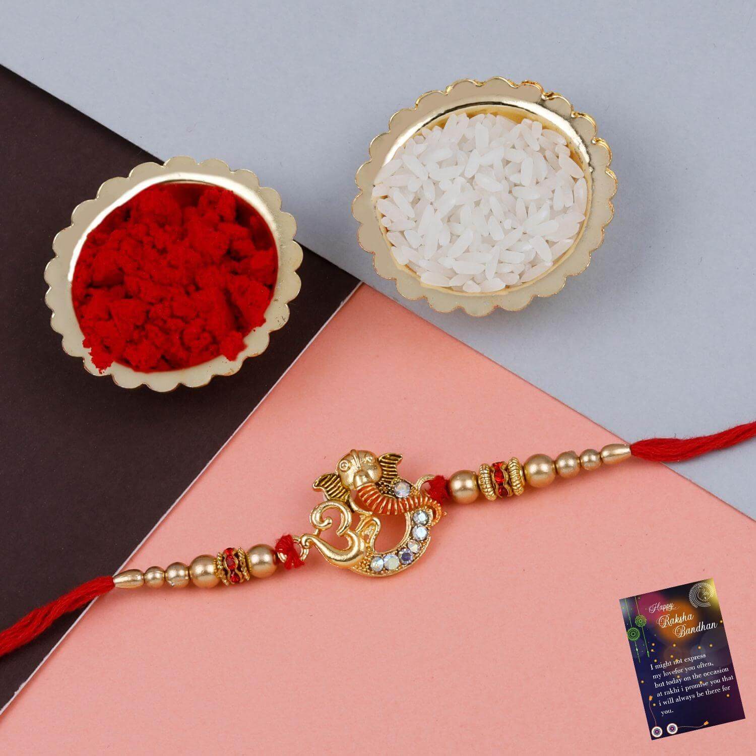 Designer Round Ganesh & OM Rakhi For Bhaiya/Brother/Bhai With Roli Chawal And 1 Greeting Card- Brand Kiosk Store